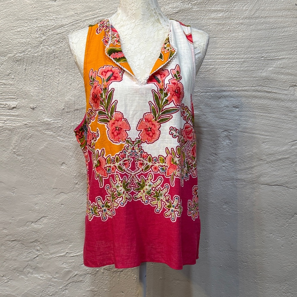 Womens Size Large Sleeveless Hot Pink Tropical Floral Tank Top Colorful
